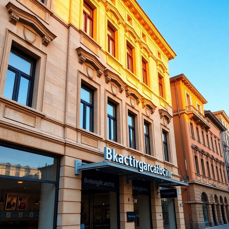 Fațada unei clădiri din centrul Brașovului, cer azur, arhitectură de piatră caldă