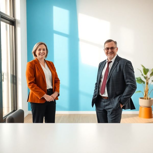 Doi consilieri financiari într-un birou luminos cu perete accent azur, Brașov